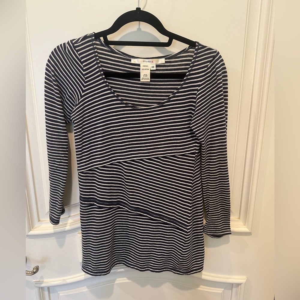 Studio M Navy and White Asymmetrical 3/4 Sleeve Top